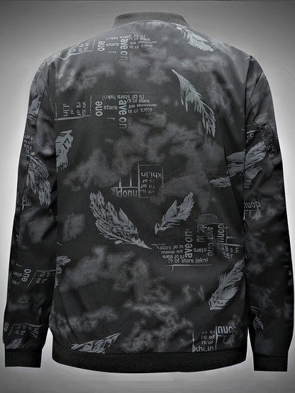 Men’s Feather Print Track Jacket – Zip-Up Baseball Collar Street Coat