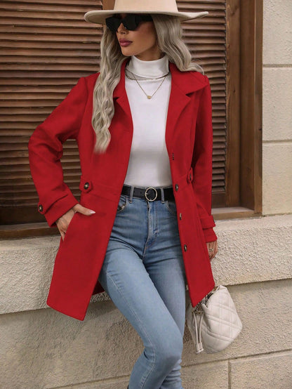 Manteau élégant en laine Loom & Soul™ – Veste mi-longue à revers et simple boutonnage pour femme, pour un style hivernal sans effort