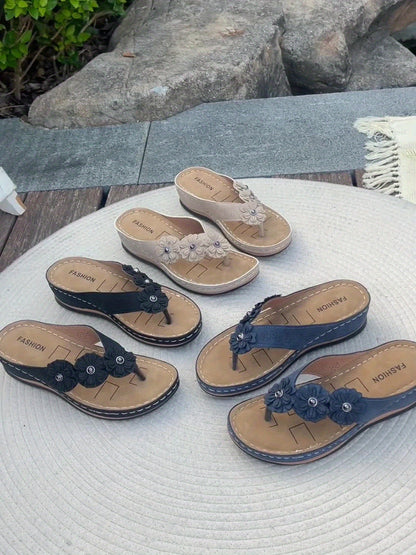 Floral Wedge Flip Flop Sandals – Elegant Platform Summer Shoes