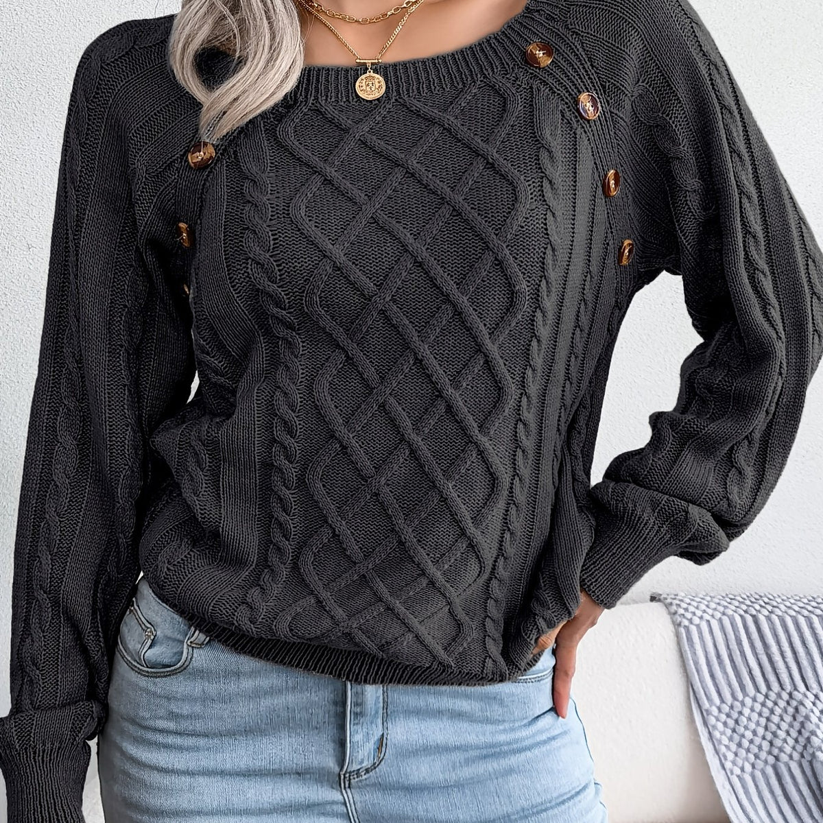 Pull texturé à manches lanternes pour femme – Haut en maille à boutons