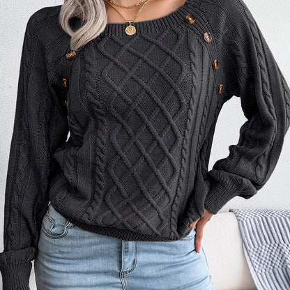 Pull texturé à manches lanternes pour femme – Haut en maille à boutons