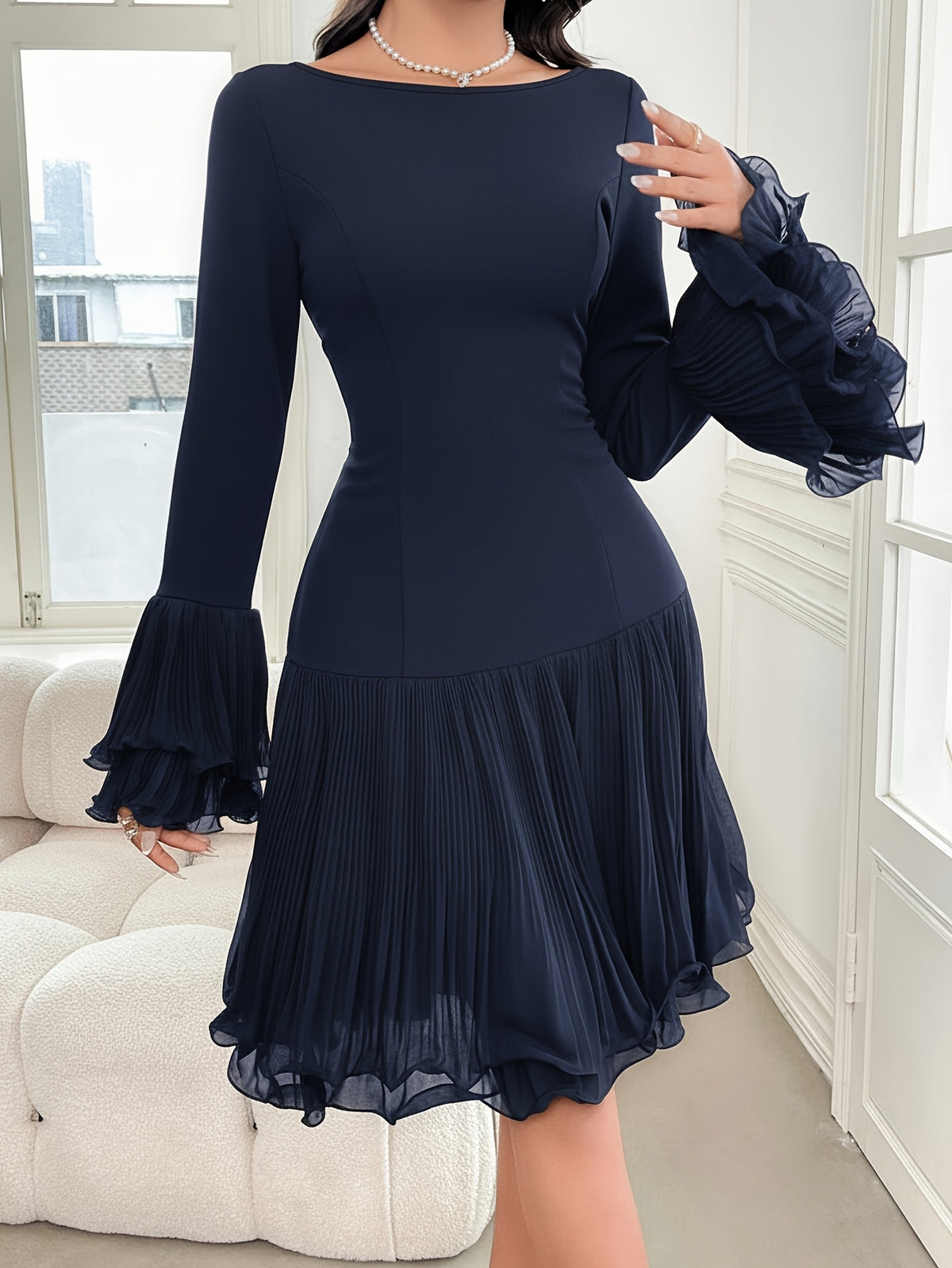 Burgundy Bardot Ruffle Dress – Elegant Vintage Party Midi Dress