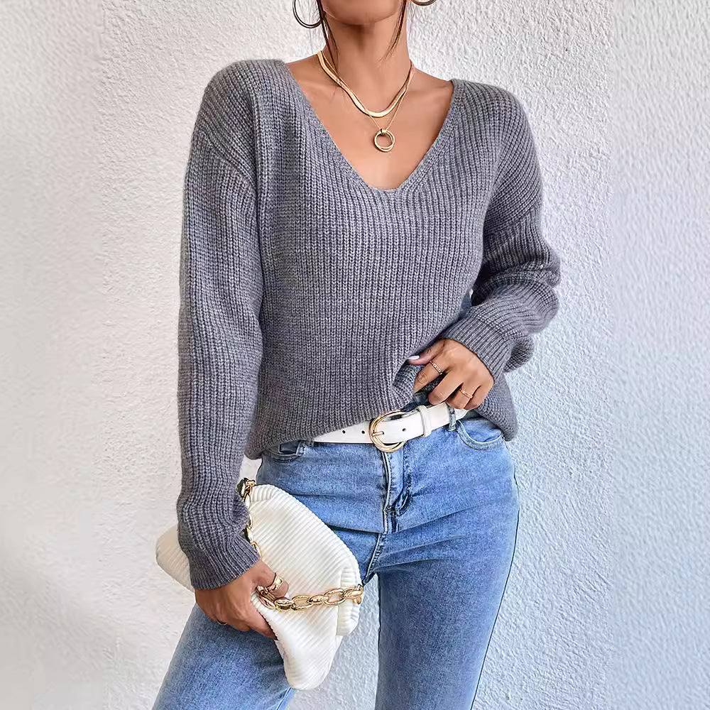 Pull sans manches col V dos nu Y2K pour femme – Tricot streetwear à bandes