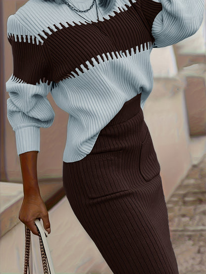 Ensemble pull à col montant et jupe color-block – Deux pièces hivernales élégantes