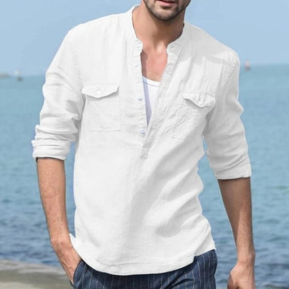 Men’s Cotton Linen Long Sleeve Shirt – Breathable Casual Button Top