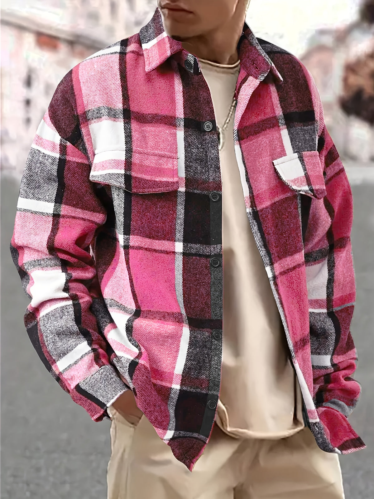 Men’s Vintage Plaid Shirt – Black & White Check Loose Button-Up Top