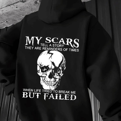 Sudadera con capucha para hombre "Mis cicatrices cuentan una historia" – Estampado trasero de calavera motivacional