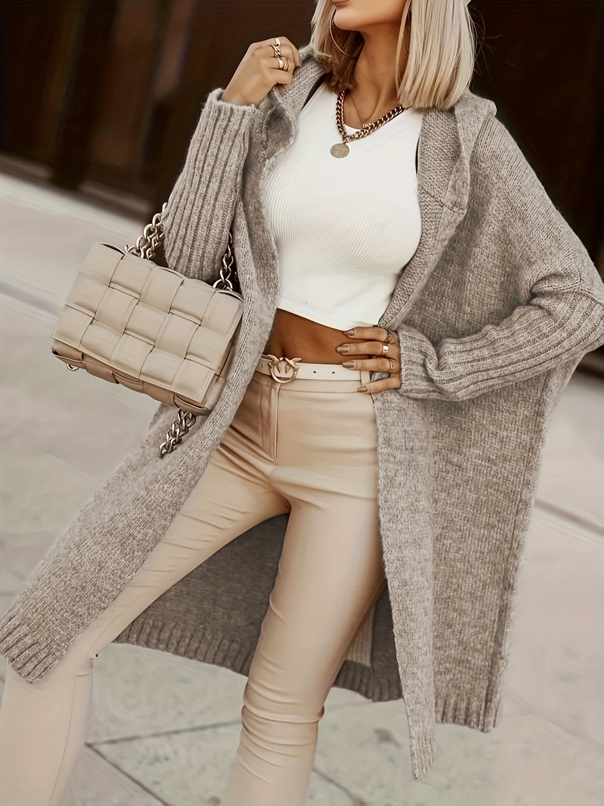Letter Print Hooded Cardigan – Women’s Long Knit Autumn/Winter Sweater