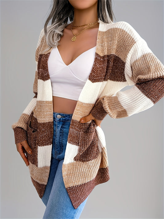 Women’s Color block Striped Cardigan – Puff Sleeve Winter Knit Sweater