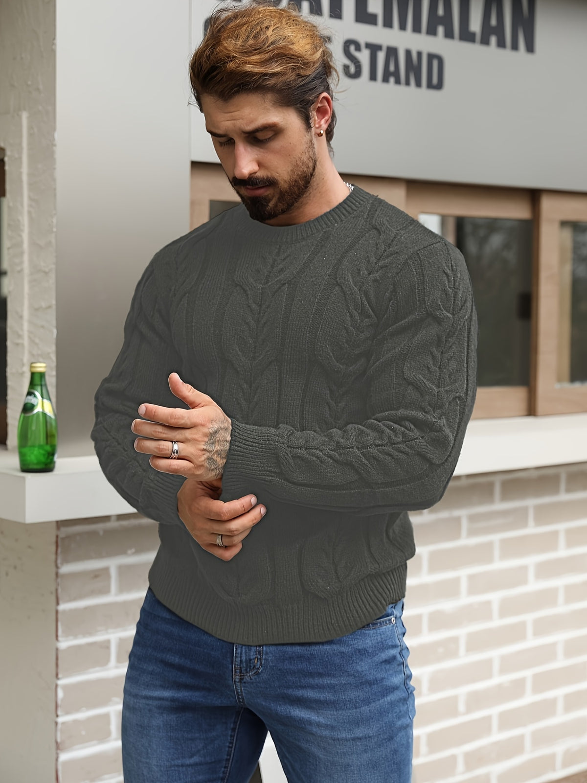 Suéter de punto a rayas para hombre – Suéter suave con cuello redondo y ribete acanalado