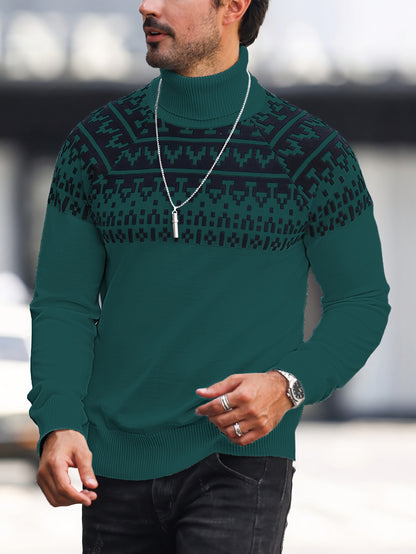 Men’s Geometric Turtleneck Sweater – Casual Knit Pullover for Fall & Winter