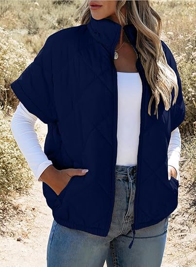 Women’s Diamond Quilted Zip Jacket – Casual Warm Pocket Coat