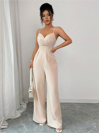 Combinaison salopette minimaliste à col en V – Élégante pantalon palazzo à jambes larges