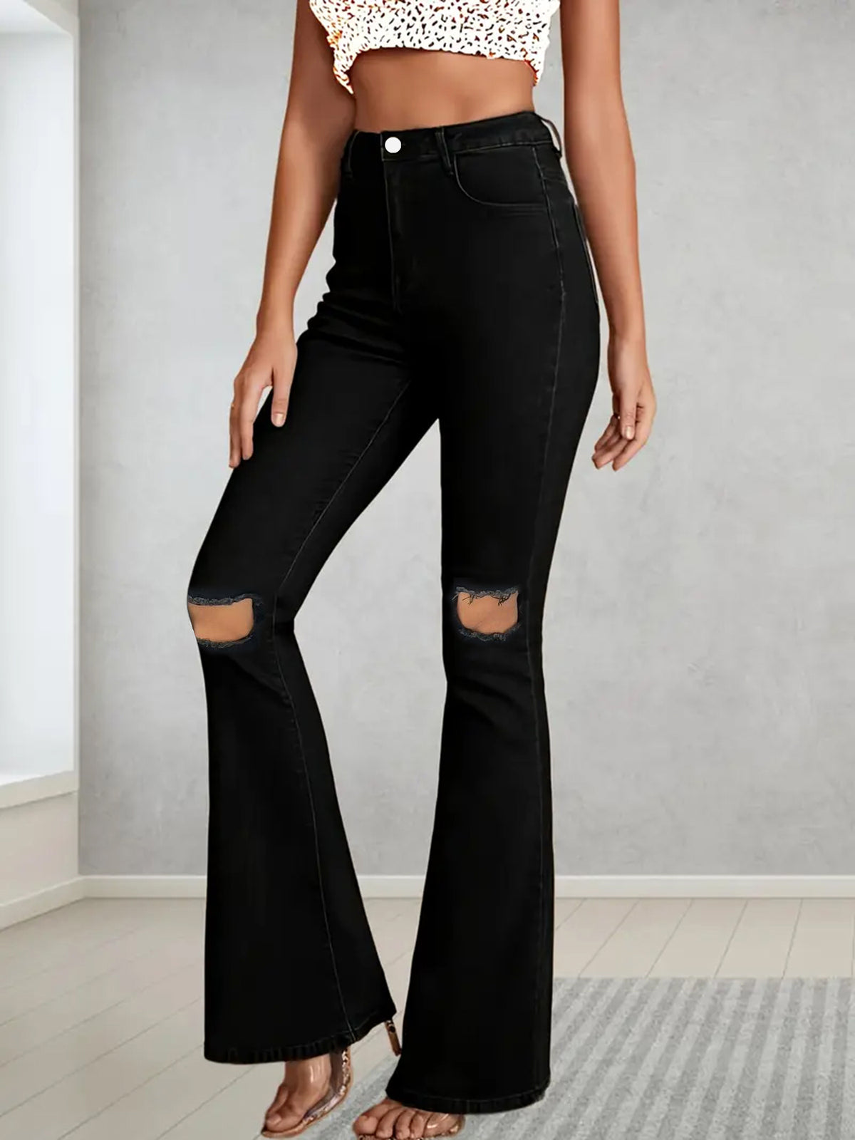 Women’s Plus Size High-Waist Micro Flare Jeans – Ripped Stretch Denim