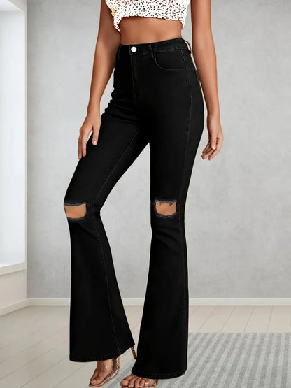 Women’s Plus Size High-Waist Micro Flare Jeans – Ripped Stretch Denim
