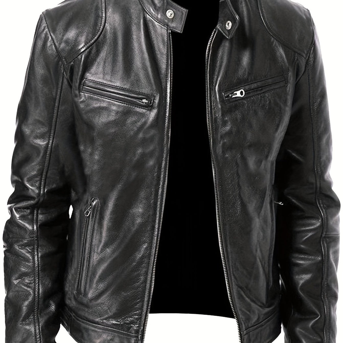 Veste de moto zippée pour homme – Col montant en cuir PU marron