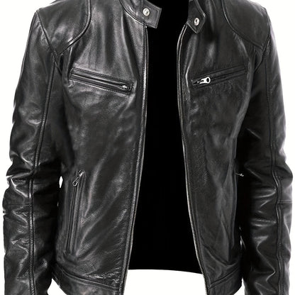 Veste de moto zippée pour homme – Col montant en cuir PU marron