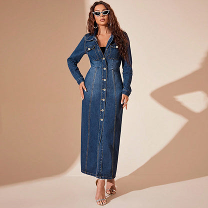 Robe cardigan en jean boutonnée pour femme – Coupe droite manches longues