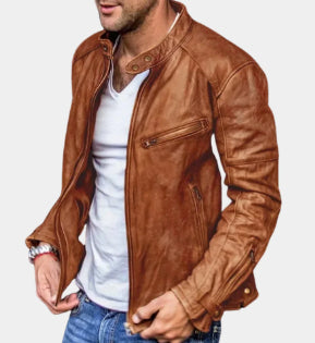 Men’s Punk Motorcycle PU Leather Jacket – Stand Collar Casual Biker Coat
