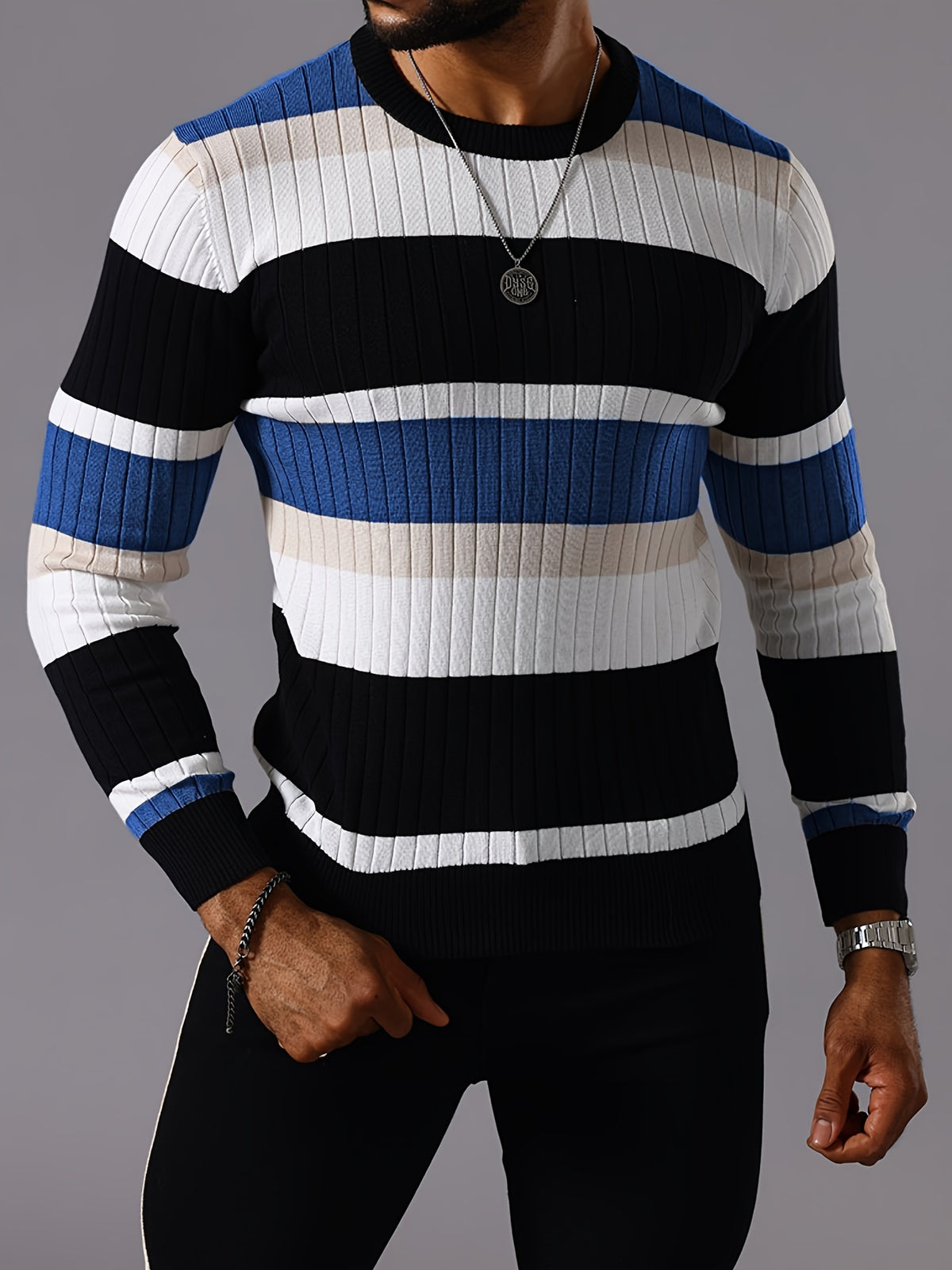 Men’s Striped Ribbed Knit Sweater – Color-Block Fall Winter Pullover