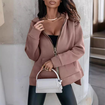 Women’s Loose Zip-Up Hoodie with Pockets – Casual Sports Style