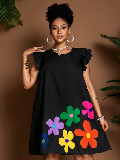 Robe soleil fleurie à manches volantées – Élégante robe d'été longueur genou