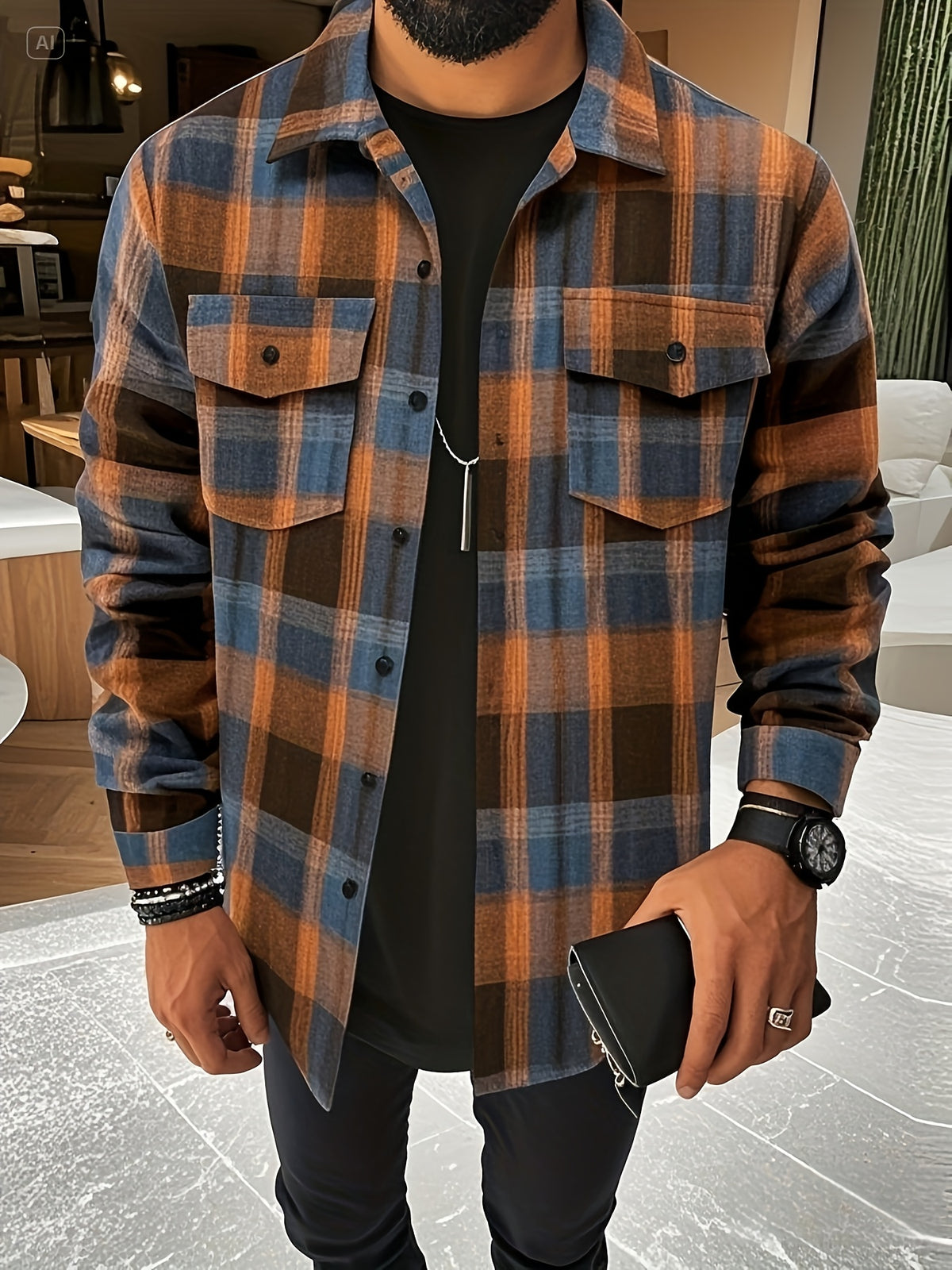 Chemise à carreaux verte et bleue pour homme – Chemise décontractée boutonnée à carreaux