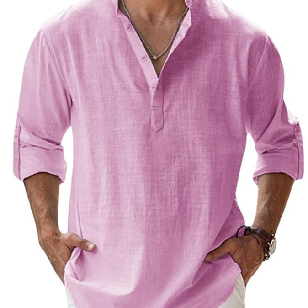 Men’s Stand Collar Sports Shirt – Loose Fit Breathable Cotton Pullover