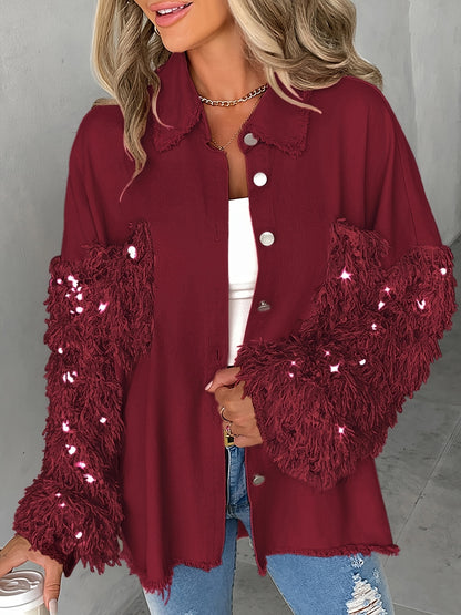 Veste chemise patchwork à paillettes et pampilles pour femme – Veste à manches longues contrastantes duveteuses