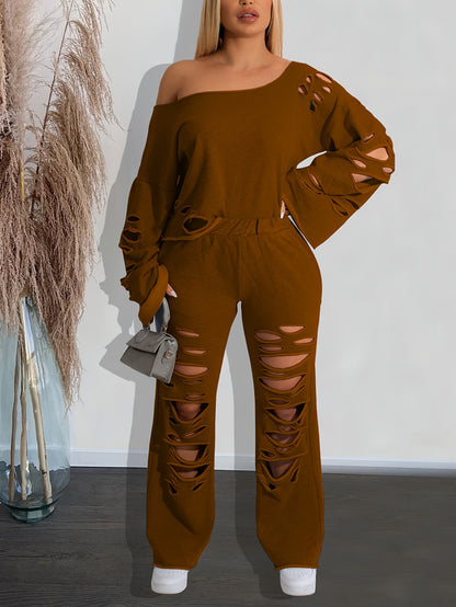 Conjunto de 2 piezas para mujer, hombros descubiertos, efecto envejecido – Top de manga larga y pantalón rasgado
