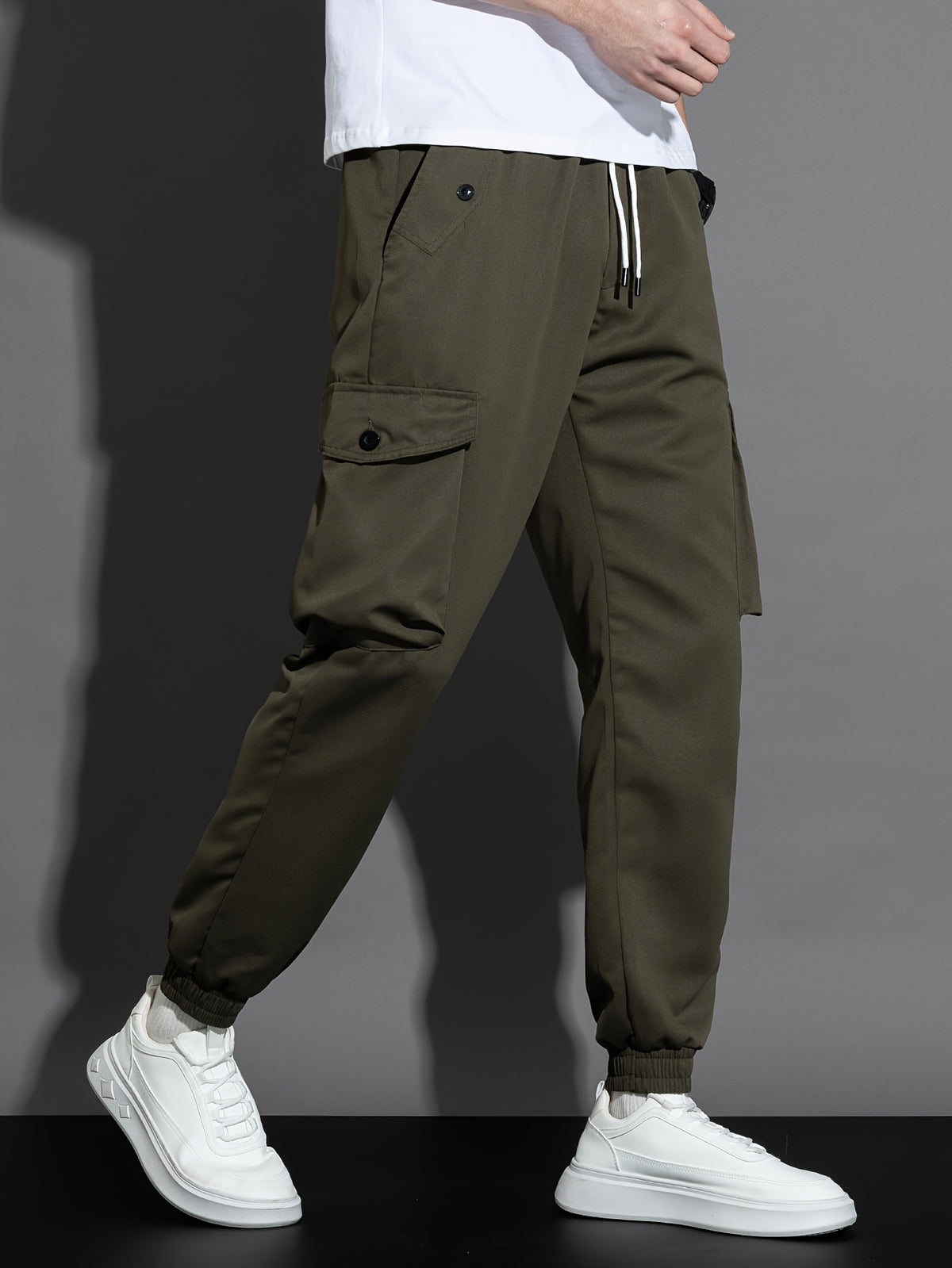 Men’s Olive Cargo Pants – Multi-Pocket Drawstring Utility Trousers