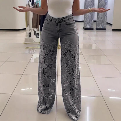 Jean évidé en dentelle Loom & Soul™ Y2K – Pantalon taille haute pour femme avec détails découpés floraux