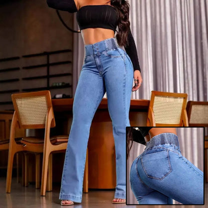 Loom & Soul™ Jean taille haute à boutons – Jean slim élégant à fronces pour femme
