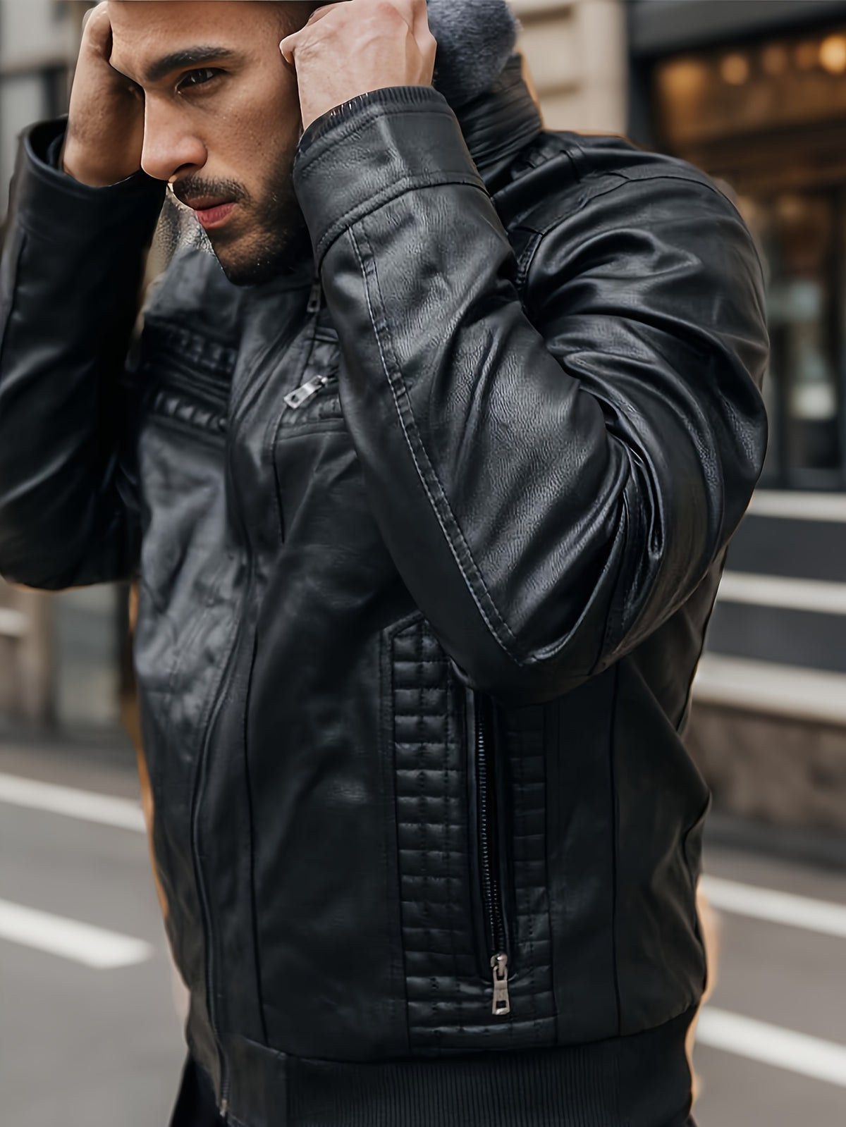 Men’s PU Leather Bomber Jacket – Zip-Up w/ Removable Hood