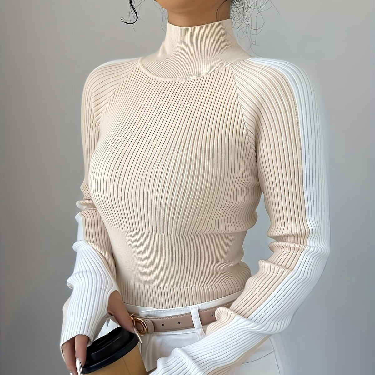 Women’s Color Block Turtleneck Sweater – Elegant Soft Knit Top