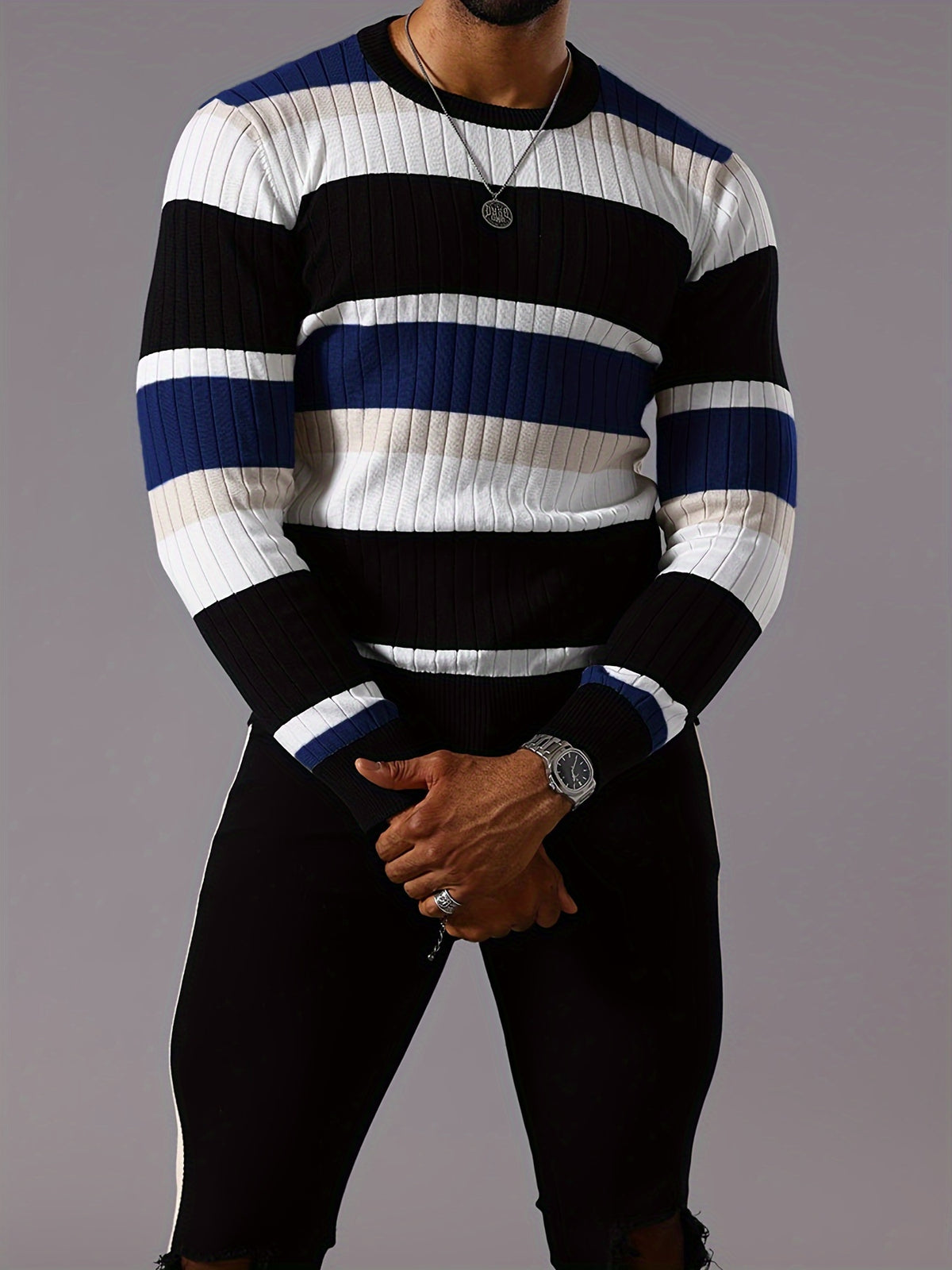 Men’s Striped Ribbed Knit Sweater – Color-Block Fall Winter Pullover