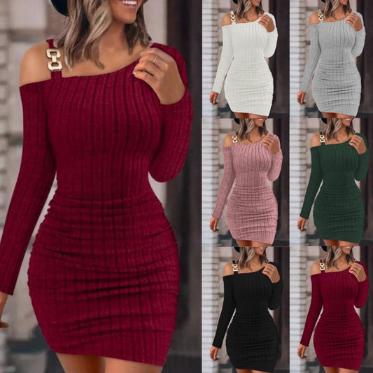 Vestido ceñido con hebilla metálica en el hombro – Vestido elegante de tubo de manga larga