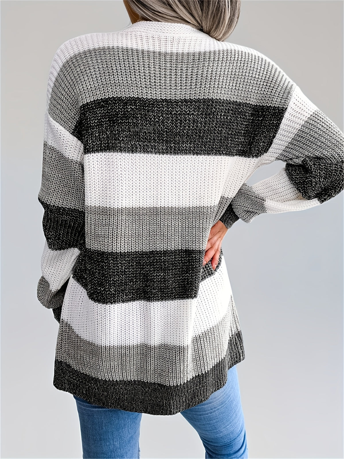 Cárdigan a rayas con bloques de color para mujer – Suéter de punto de invierno con mangas abullonadas