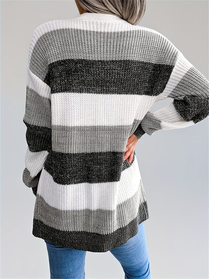 Cárdigan a rayas con bloques de color para mujer – Suéter de punto de invierno con mangas abullonadas