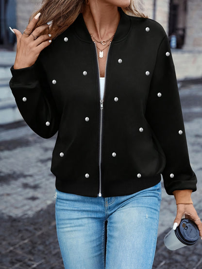 Veste de baseball ornée de perles – Vêtement d'extérieur élégant boutonné pour femme