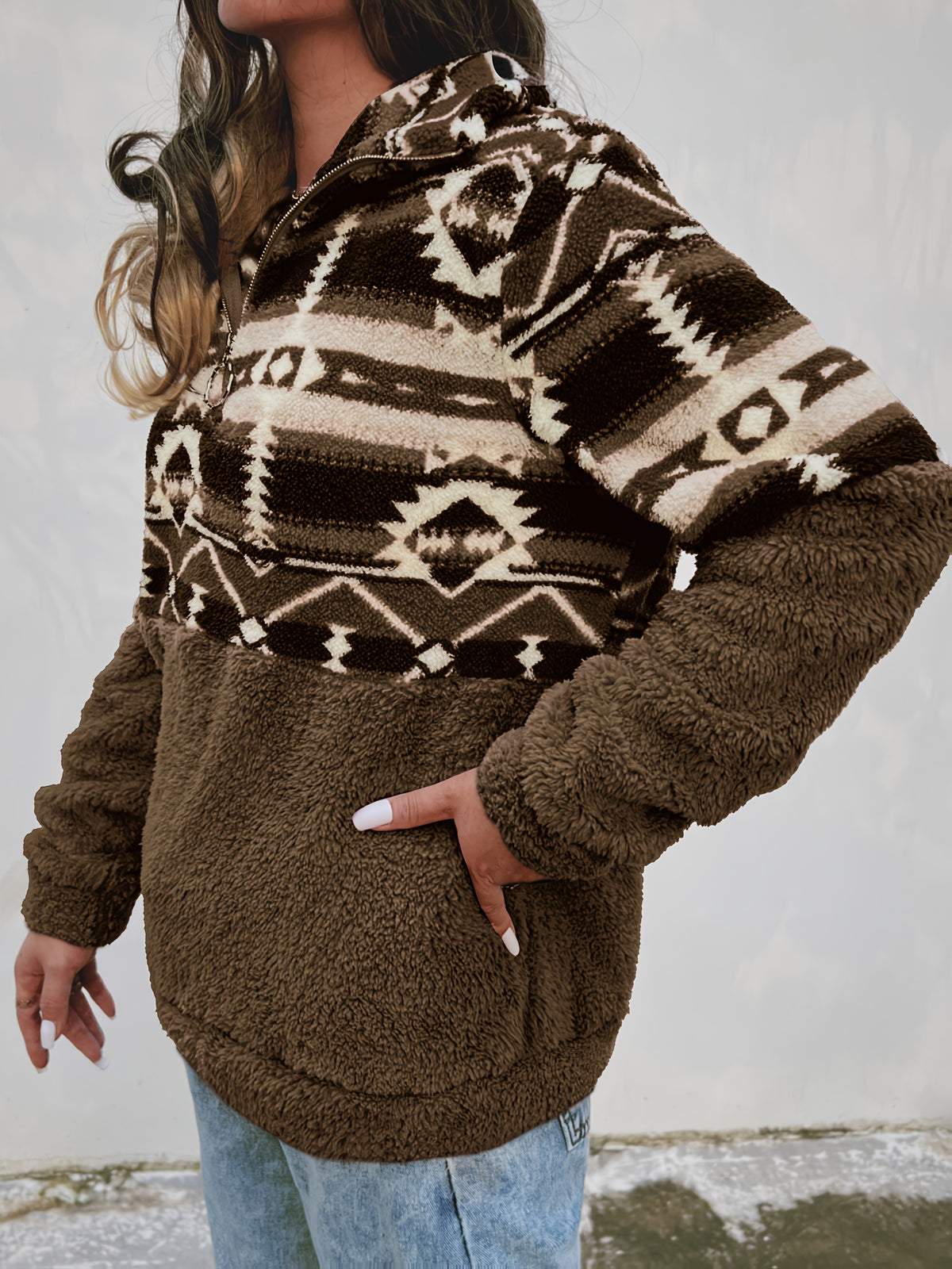 Sweat-shirt Teddy à motif géométrique – Pull polaire demi-zippé pour l'automne et l'hiver