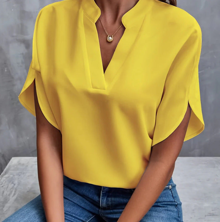 Loom & Soul™ V-Neck Chiffon Blouse – Women’s Elegant Short-Sleeve Summer Top