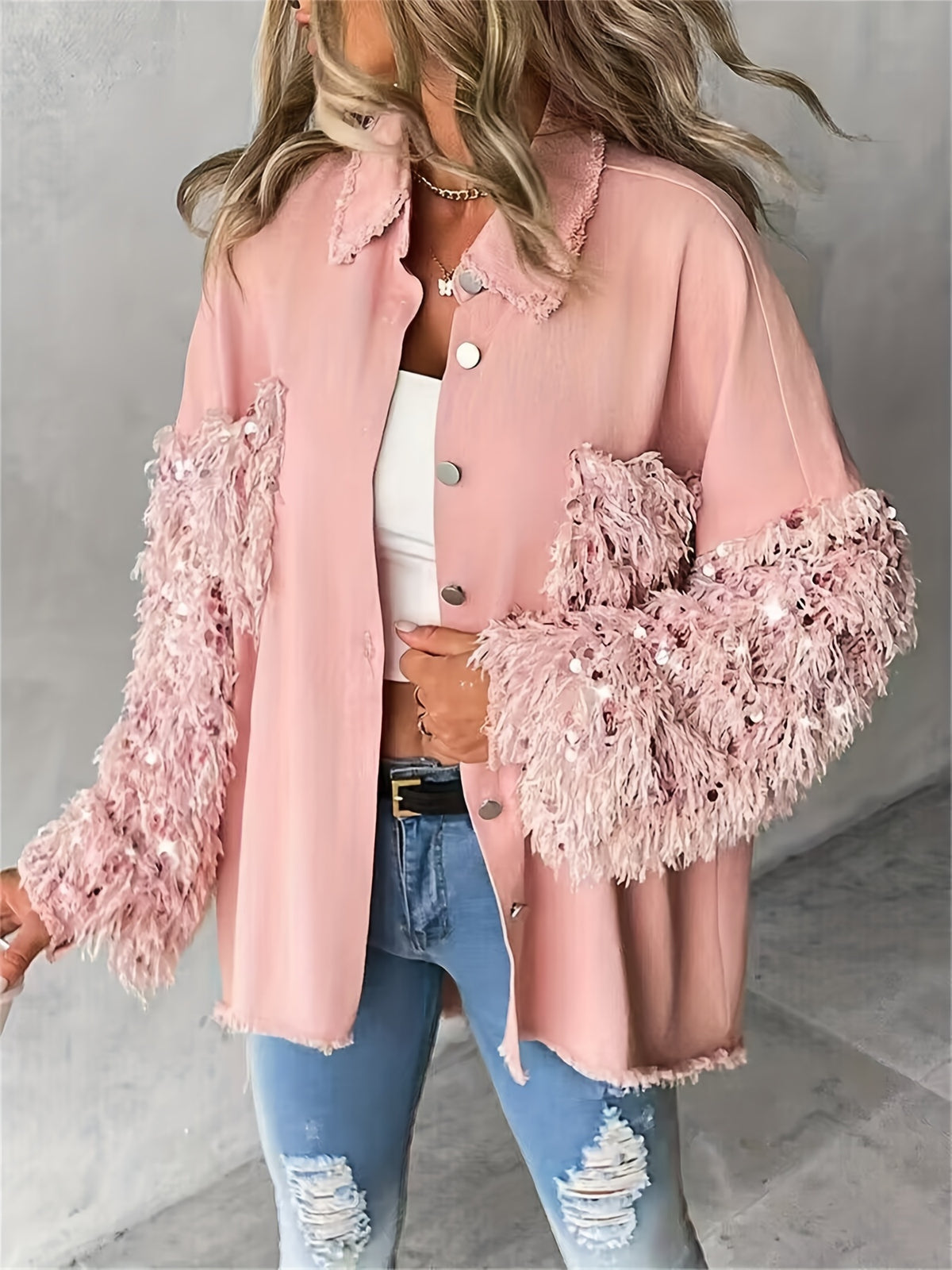 Veste chemise patchwork à paillettes et pampilles pour femme – Veste à manches longues contrastantes duveteuses