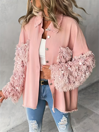 Veste chemise patchwork à paillettes et pampilles pour femme – Veste à manches longues contrastantes duveteuses