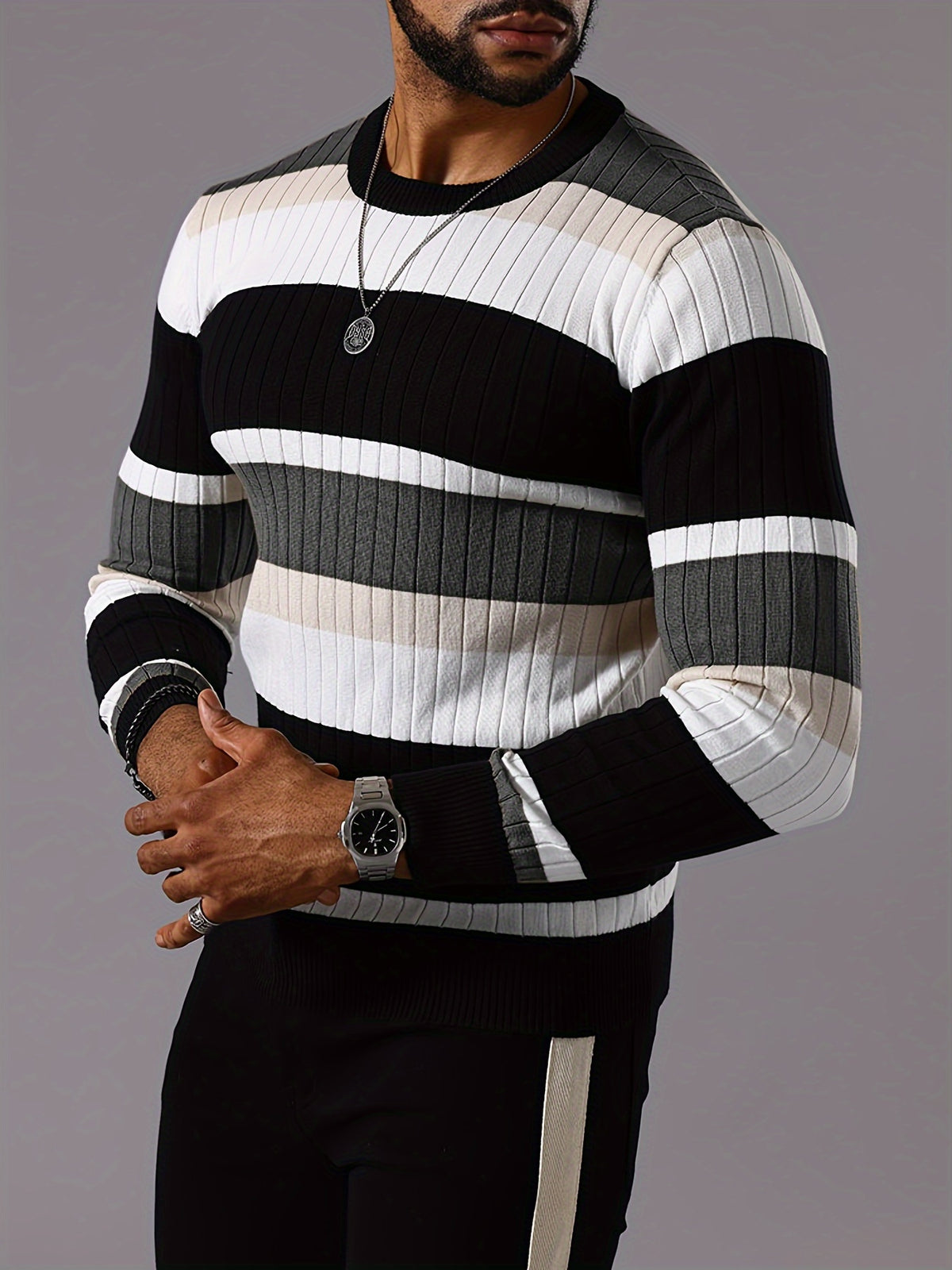 Men’s Striped Ribbed Knit Sweater – Color-Block Fall Winter Pullover