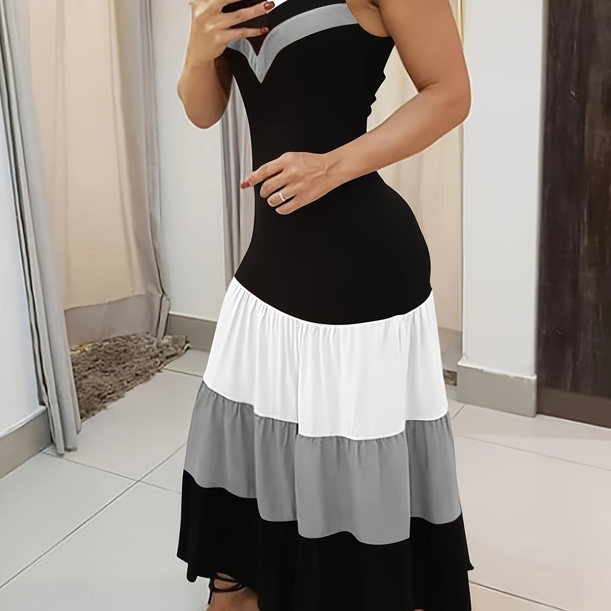 Colorblock Ruched Maxi Dress – Spaghetti Strap Ruffle Summer Dress