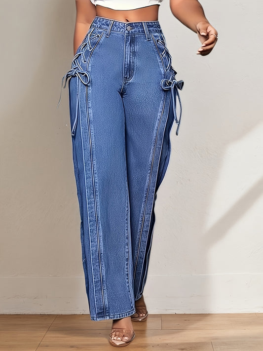 Wide Leg Jeans with Side Bow – Mid Rise Relaxed Fit Denim