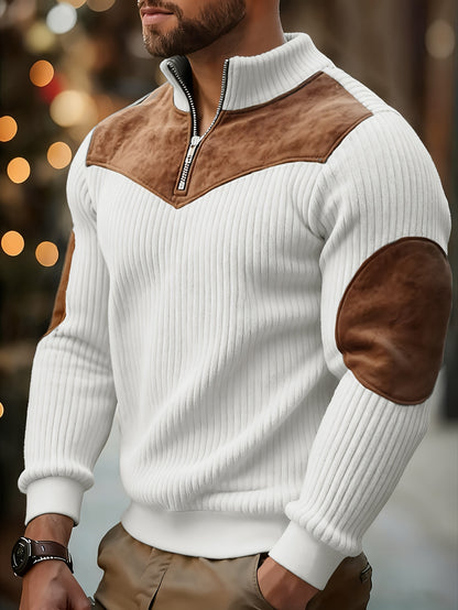 Pull Homme Demi-Zip Col Droit – Sweat Rétro Chaud et Côtelé