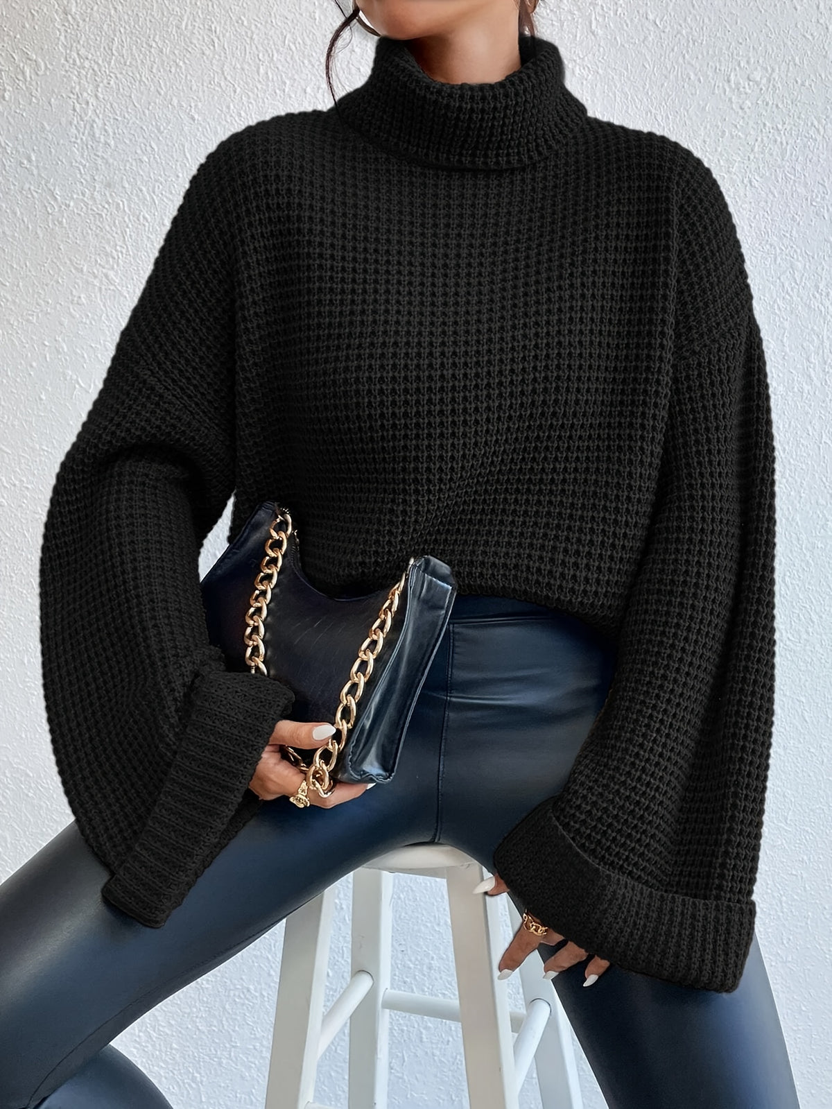 Women’s High-Neck Drop Shoulder Waffle Sweater – Vibrant Blue Knit