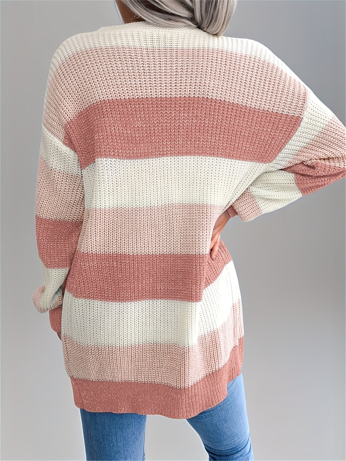Cárdigan a rayas con bloques de color para mujer – Suéter de punto de invierno con mangas abullonadas